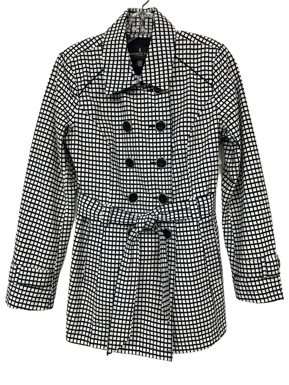 London Fog Womens Jacket M Navy White Check Double Breasted Belted Trench